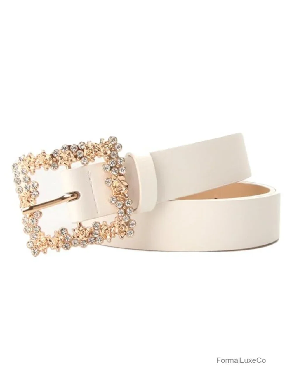 Faux Leather Rhinestone Belt Gold Square Buckle Adjustable Women Accessory